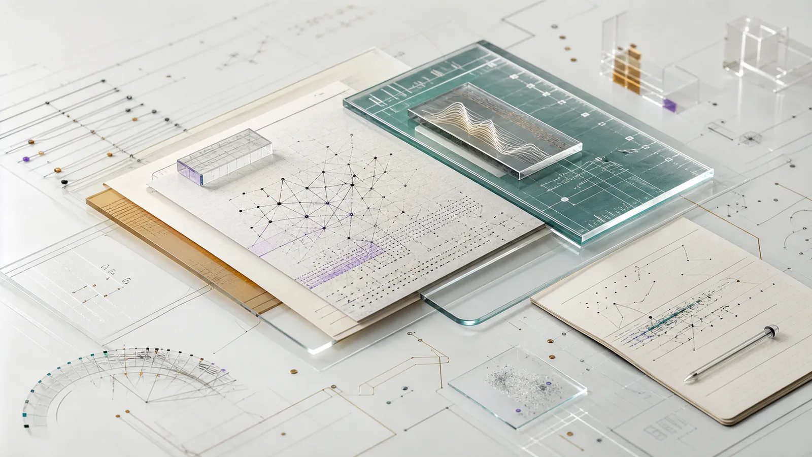 A bright abstract tabletop scene with glass layers, circuit traces, notes, and model-evaluation markings.