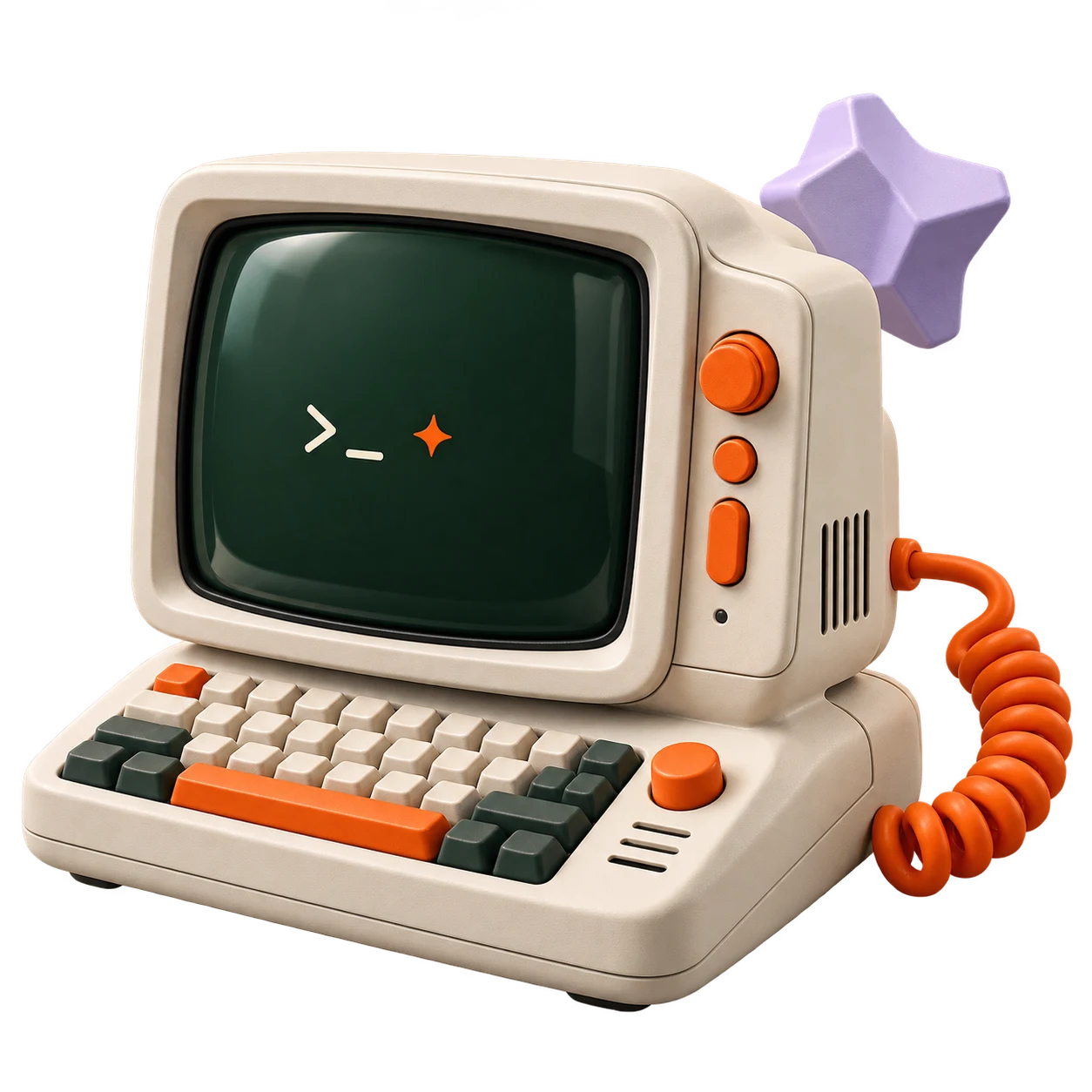 A sculptural retro computer with an orange coiled cable and a floating purple shape: a little machine for big ideas.